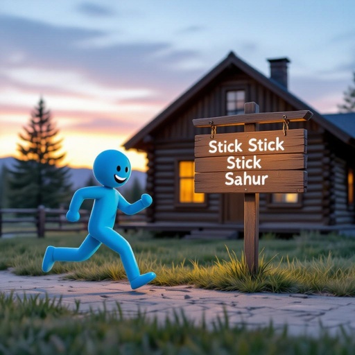 A blue stick running in front of a sign when it’s dark in a cabin with a sign saying stick stick stick sahur