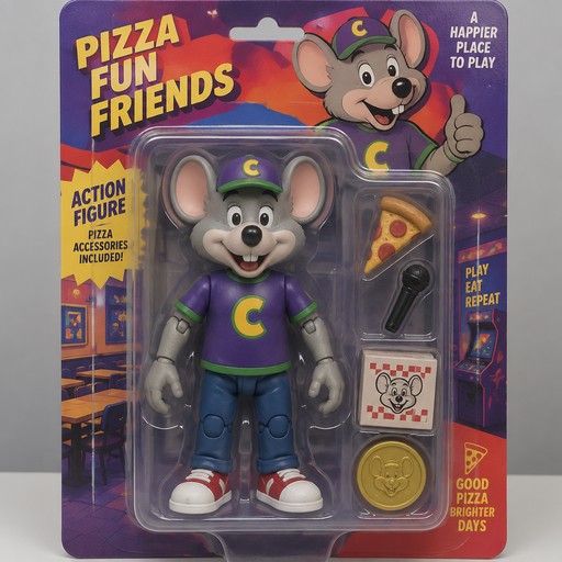 Cartoon mouse action figure in colorful pizza-themed packaging.