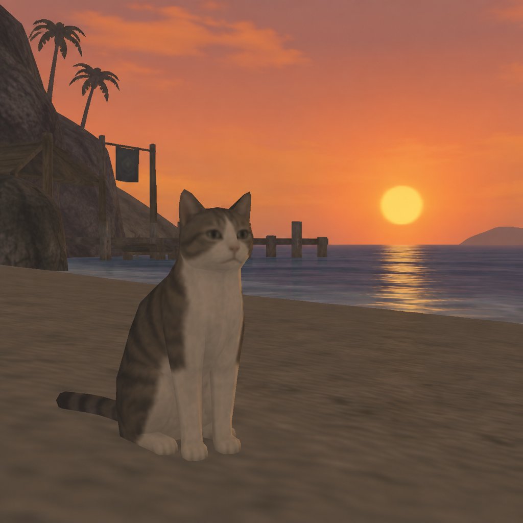 Low-poly cat sitting on a beach at sunset with ocean and palm trees