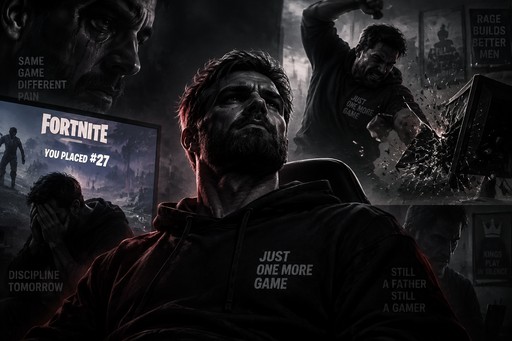 Dark Fortnite gaming collage with a masked person in black, gritty grayscale and red accents.