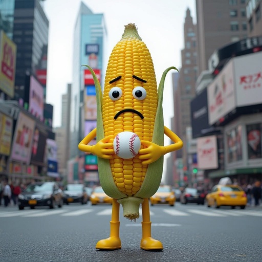 Corn with sad human face 2 yellow arm 2 yellow leg with corn baseball in city