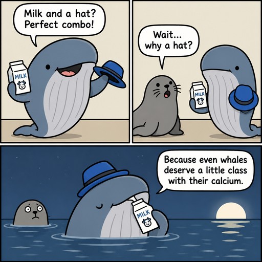 Cartoon whale wears a blue hat and holds milk beside a curious seal.