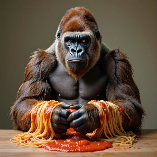 gorrila that is mixed with spaghetti and tomato sauce