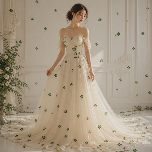 21 vestito elegante con quadrifogli attorno