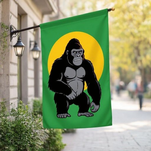 黄色いゴリラと太陽が描かれた緑色の背景の旗