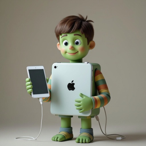 A boy his body is ipad and his face is green and his hand is a charger he is 10 years old