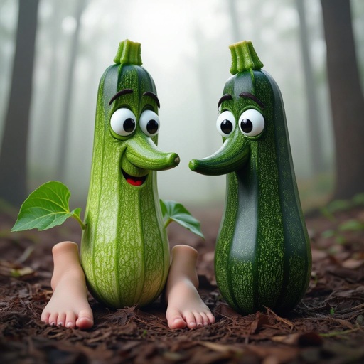Zucchini 2 eye zucchini nose 2 leaf 2 human feet in woods