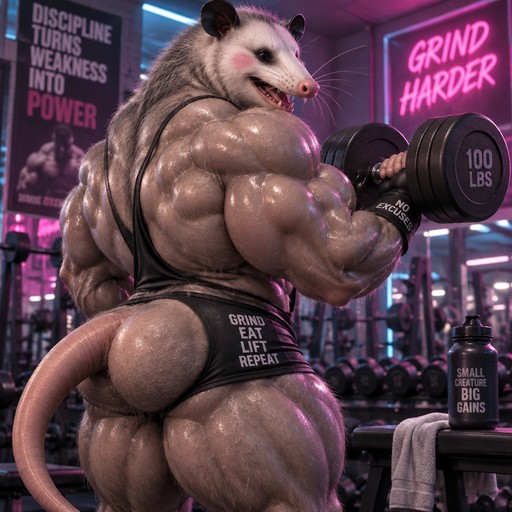 Anthropomorphic possum lifting a dumbbell in a neon-lit gym.