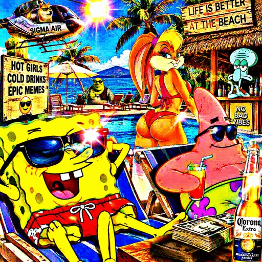 Colorful SpongeBob meme collage with beach signs, cartoon characters, drinks, and neon effects