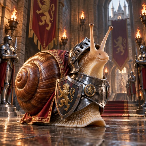 Armored snail standing in a candlelit medieval hall, ornate fantasy art style