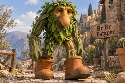 Leaf-covered character in oversized boots beside a wooden sign in a mountain village.