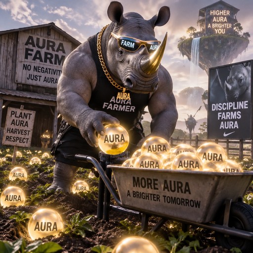 Surreal rhino in farming gear surrounded by glowing aura spheres and humorous signs