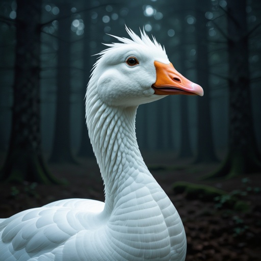 Goose with human head in woods
