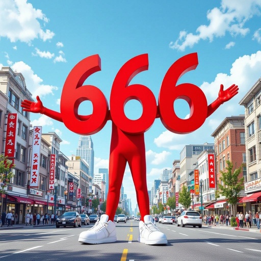 Red number 666 2 red arm 2 red leg 2 wear white shoes in city