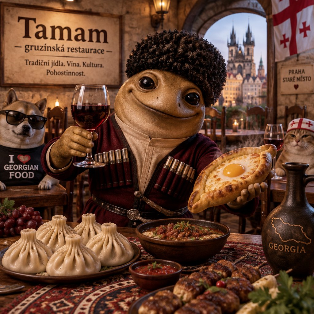 Cartoon creature holds bread in a rustic restaurant with dumplings and Georgian food signs