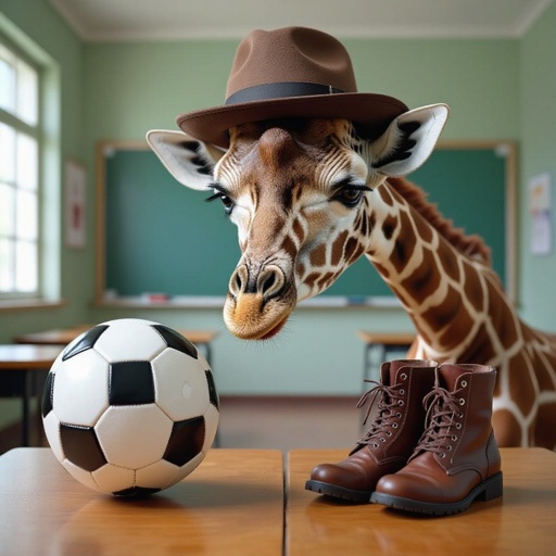 Soccer ball 2 giraffe leg human face wear hat and boots in school