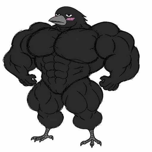 Black cartoon muscular bird flexing with wings and standing on bird feet