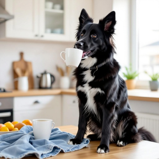 cane nero all'impiedi che beve pun caffe vicino ad una cucina con dei jeens