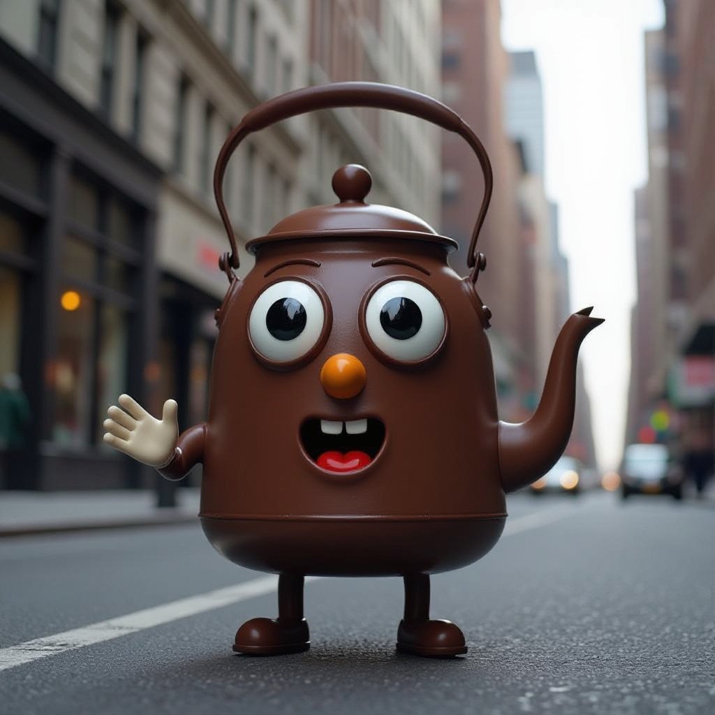 Brown kettle with 2 human leg 1 human hand 2 big eye 1 brown nose and mouth in city