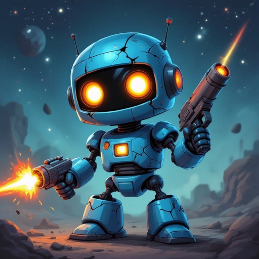 Un robot blu sporco con crepe con occhi a palla arancioni luminosi con in mano una pistola laser con lo stesso stile del robot e uno sfondo con lo spazi