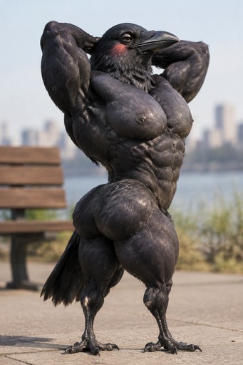 Muscular black bird posing outdoors near a bench and city skyline