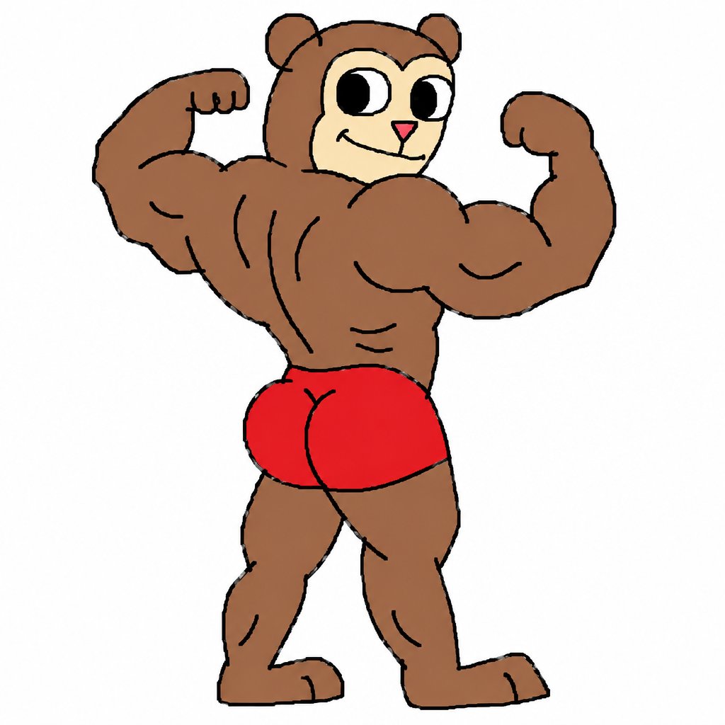 Cartoon muscular monkey flexing in red shorts on a white background