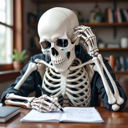 A skeleton doing homework while crying