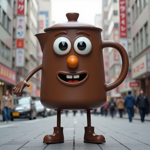 Brown kettle with 2 human leg 1 human hand 2 big eye 1 brown nose and mouth in city