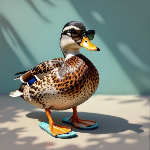 Um pato com chinelos e óculos escuros