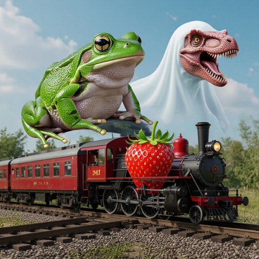 Una rana fusa con una ruota fuso con un t-rex fantasma fuso con lo struzzo treno futuristico usa ad un elefante fragola