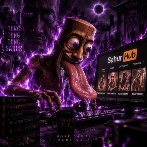 Purple surreal meme with a cartoon creature at a computer, surrounded by glowing text and graphics.