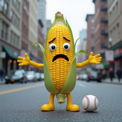 Corn with sad human face 2 yellow arm 2 yellow leg with corn baseball in city