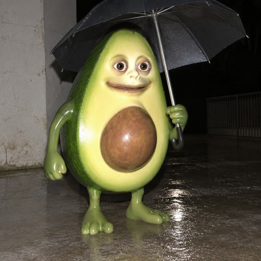 3D cartoon avocado character holding an umbrella on a rainy street