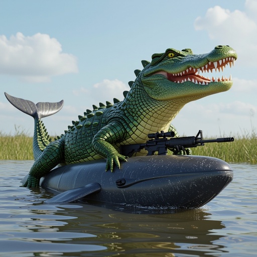 Un alligatore con la testa di un dinosauro e la coda di balena con delle mitragliatrici