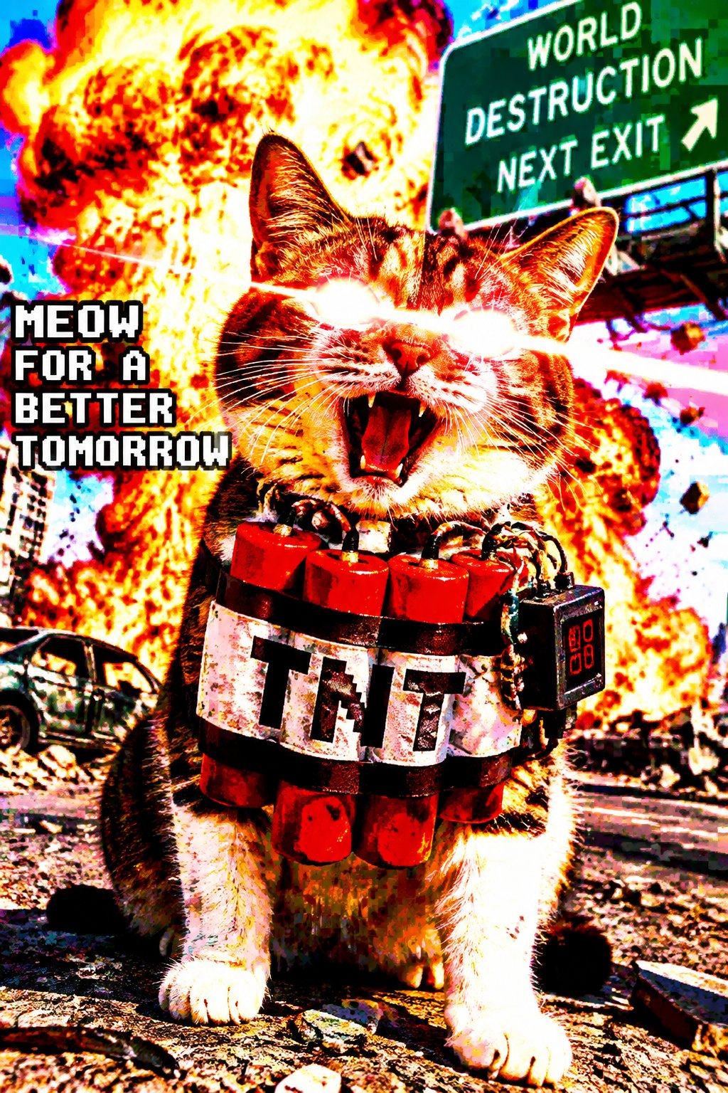 Cat wearing a barrel-like vest amid explosions and bold meme text