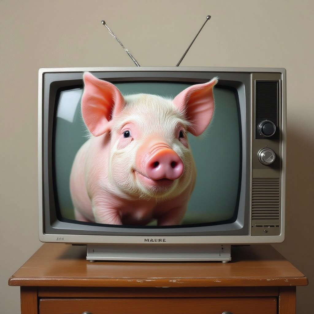 A pig marge with a TV