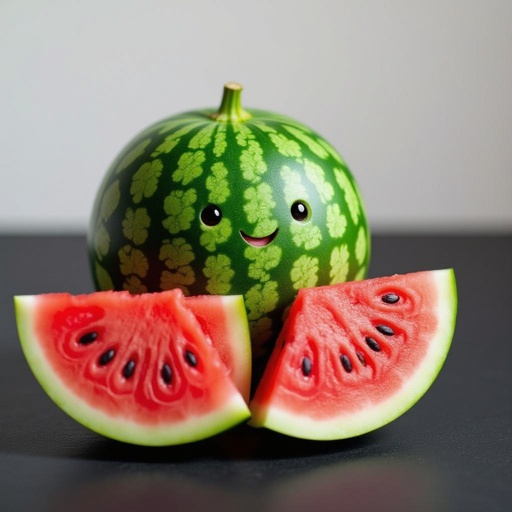 Make a video of a tiny watermelon eating a slice of watermelon in a black room
