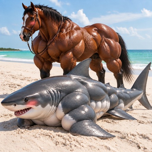 Surreal 3D render of a horse and shark on a sunny beach.