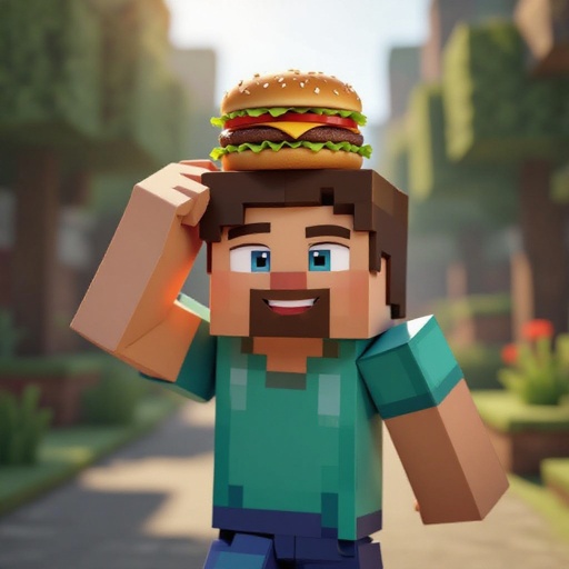 O Steve do Minecraft com um hamburger na cabeça