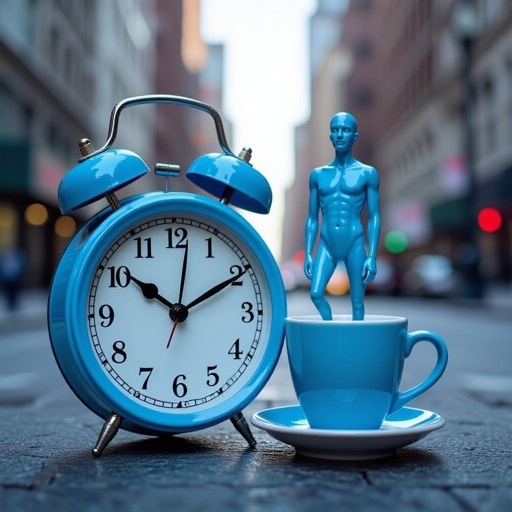 Clock with human face 2 human leg and blue cup with human face 2 human leg in city