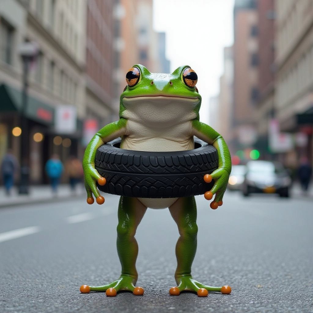 Frog with tire body 2 human leg in city