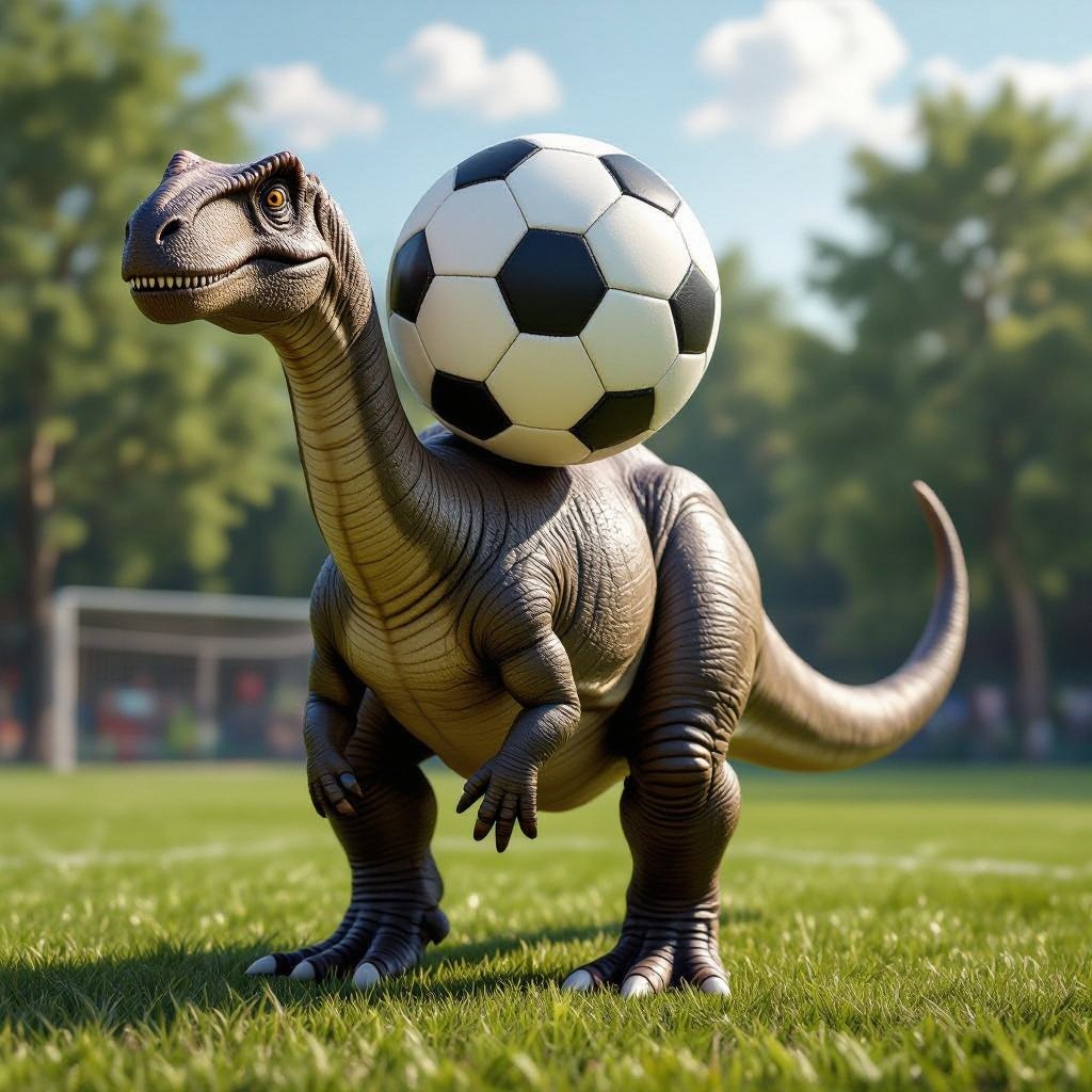 Un bronto sauro con un pallone da calcio al posto della testa
