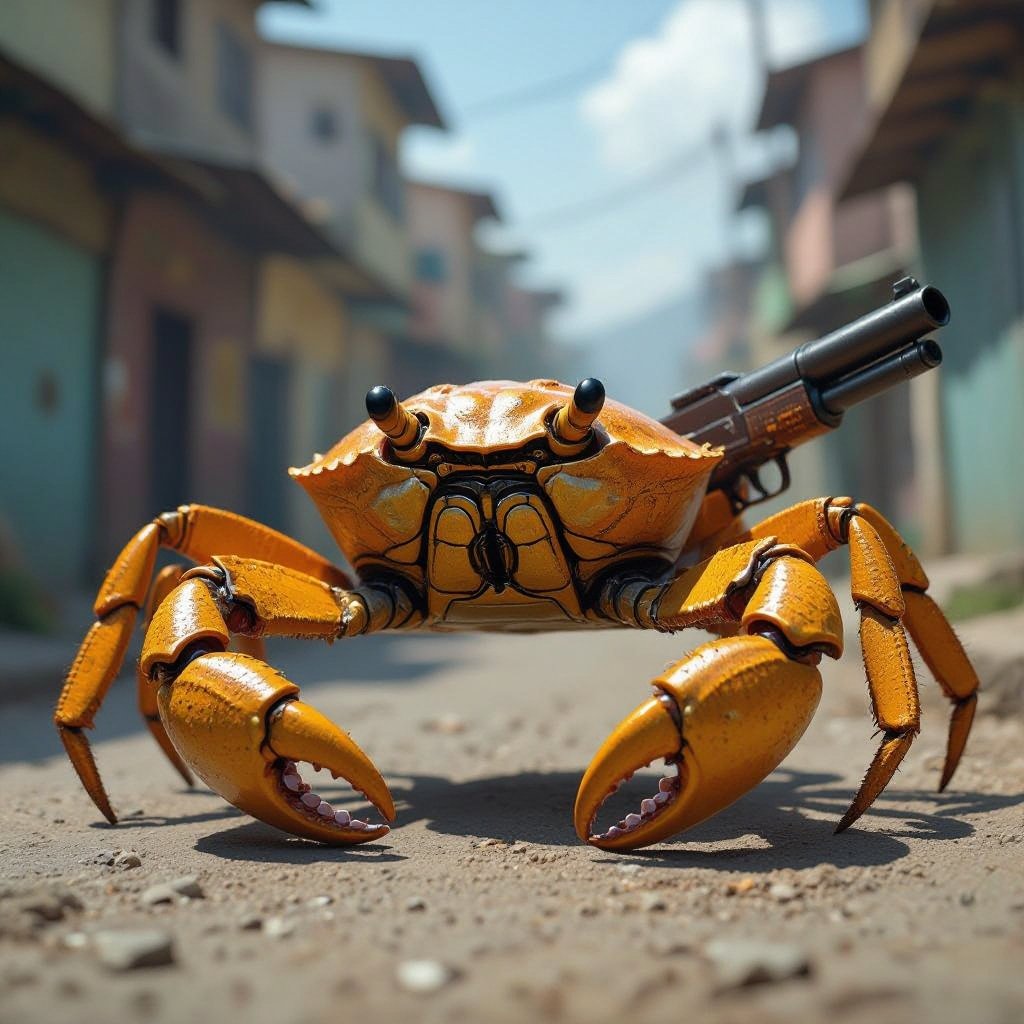 Um caranguejo dourado com uma arma na favela