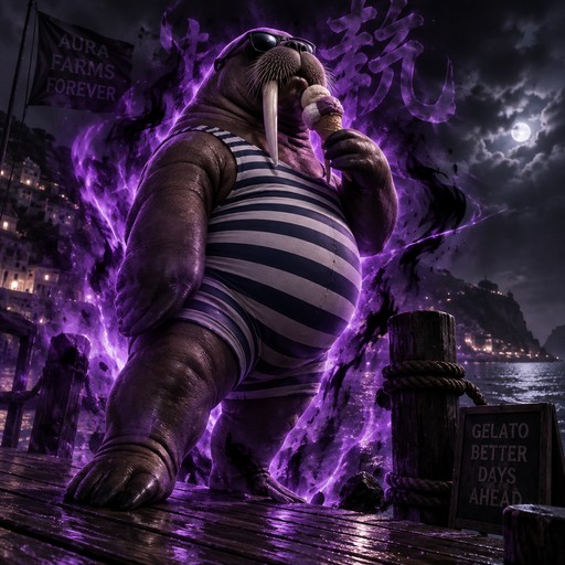 A striped-shirt figure surrounded by purple flames in a dark, surreal cityscape.