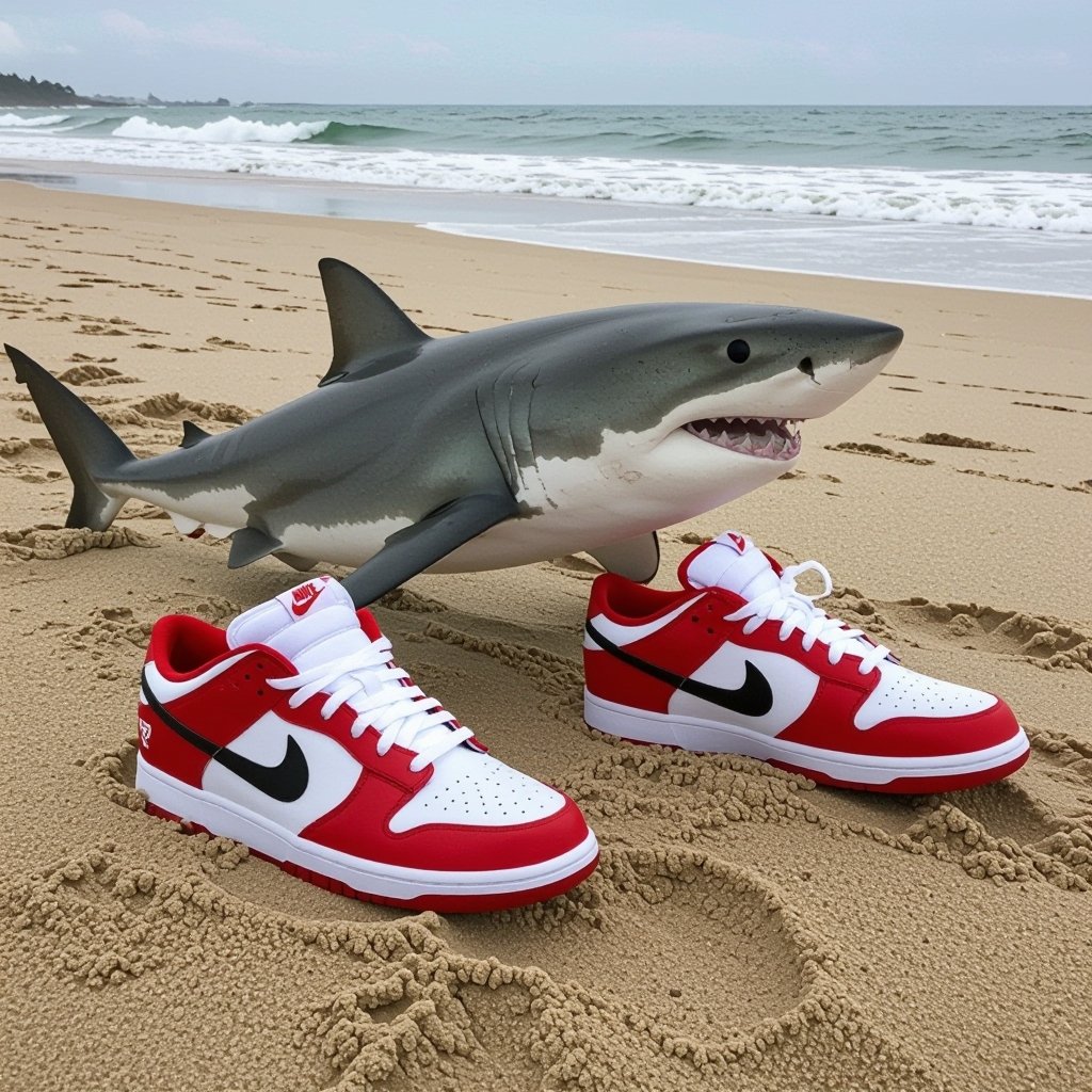 Uno squalo con delle scarpe Nike ai piedi sulla spiaggia
