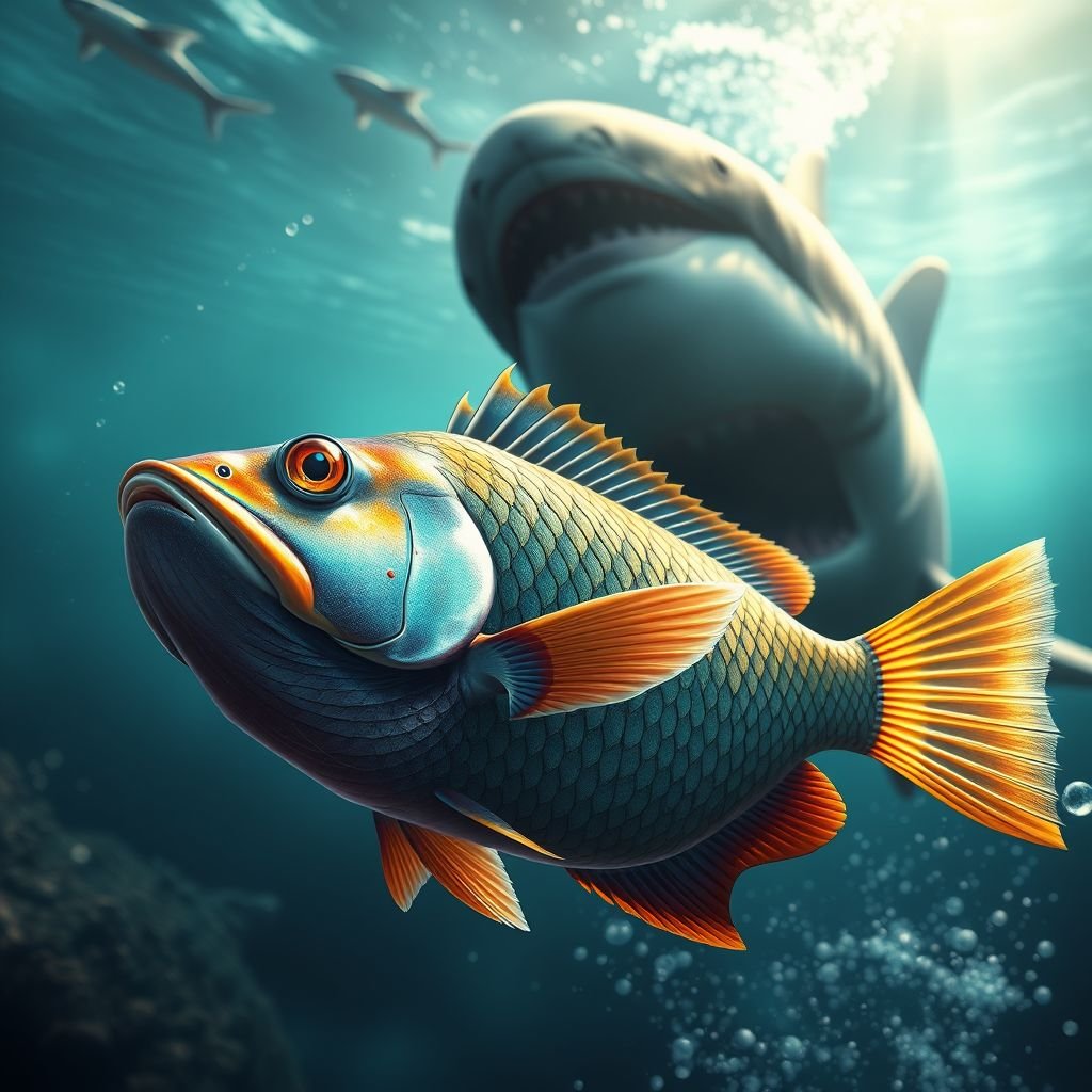 A fish WHOs griddying infront of a shark
