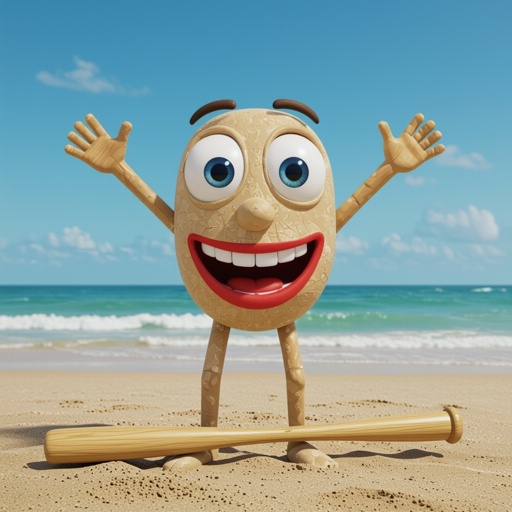 Log 2 human arm 2 human leg smile mouth 2 eye and nose with baseball bat in beach