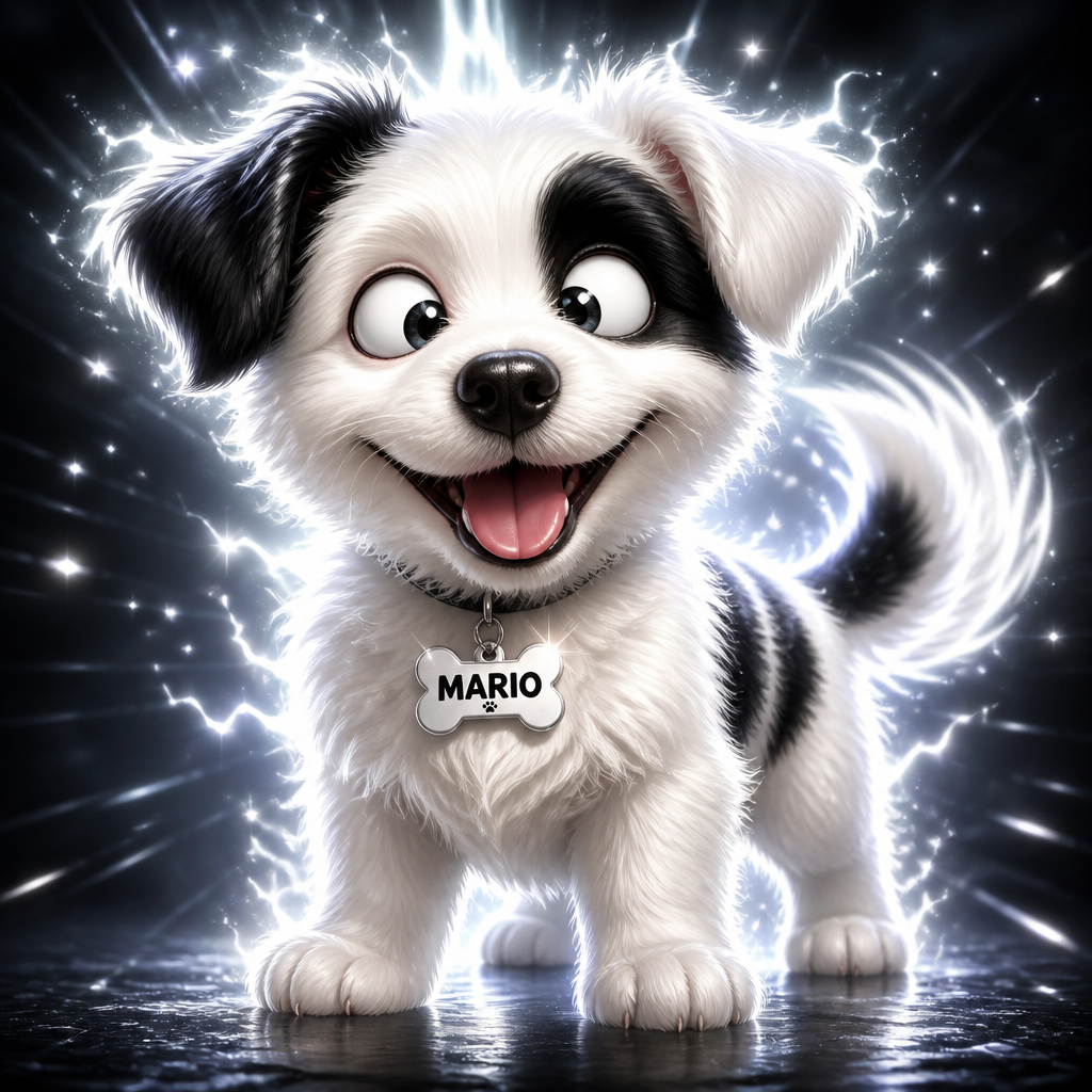 Un cane di nome Mario con gli occhi storti ma super carino con i superpoteri di colore bianco e nero