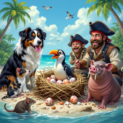 A k-9 dog a calico a Rat a monkey a Pig a walrus was destroying the dodo best and dodo eggs pirates are smileing the dodo Brid are scared