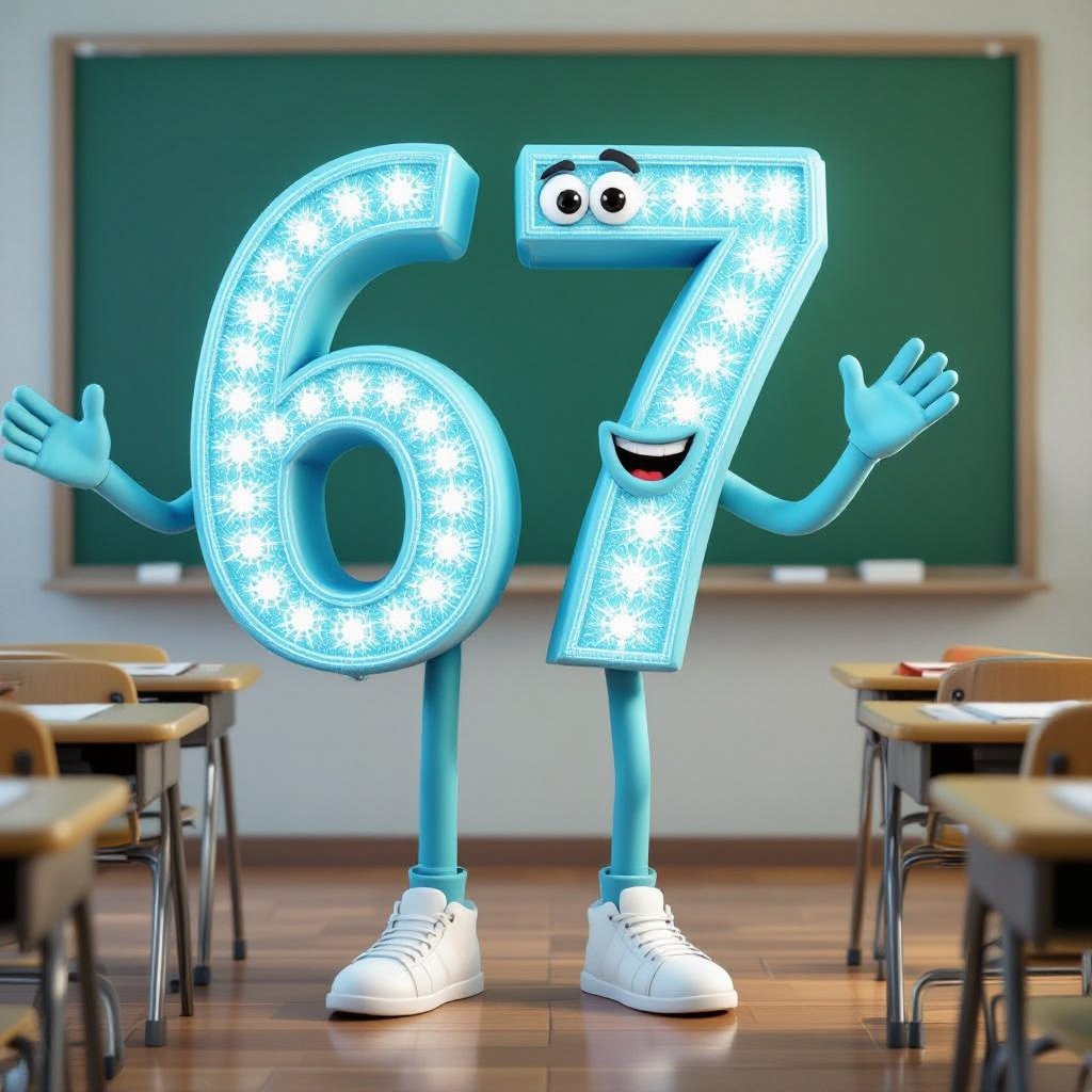 Cyan number 67 with human face 2 cyan arm 2 cyan leg 2 wear white shoes in class